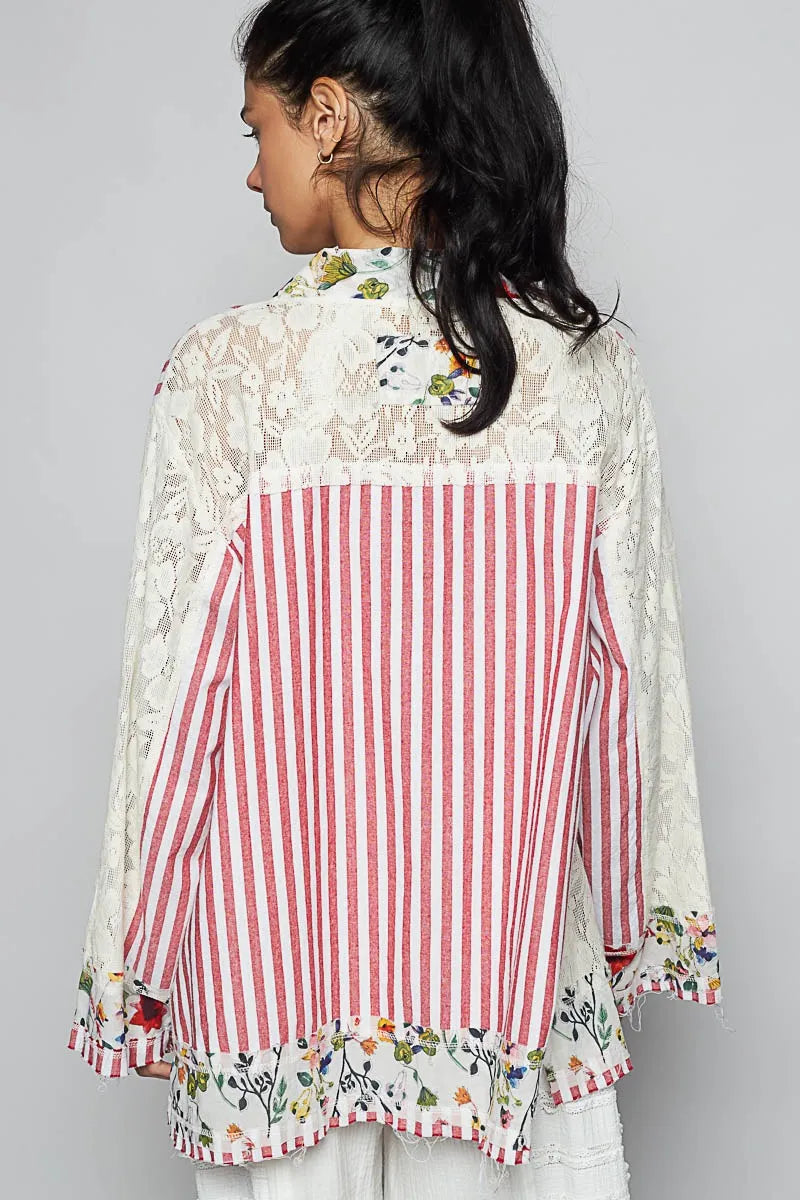 POL Red Multi Lace Long Sleeve Striped Cardigan with Contrast Floral Detail