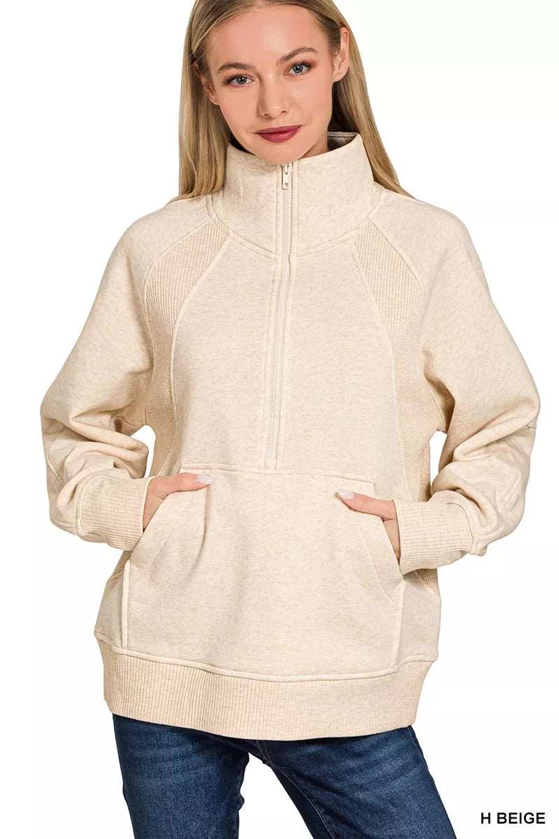Zenana Heather Beige Half Zip Fleece Sweatshirt with kangaroo Pocket H BEIGE