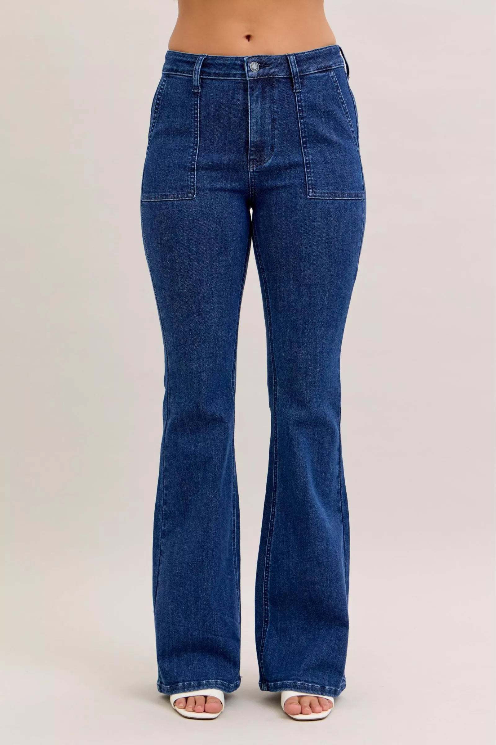Judy Blue Dark Washed High Waist Flare Jeans with Front Patch Pockets DK