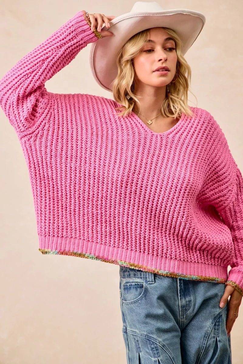 BiB Pink V-Neck Sweater with Colorful Trim