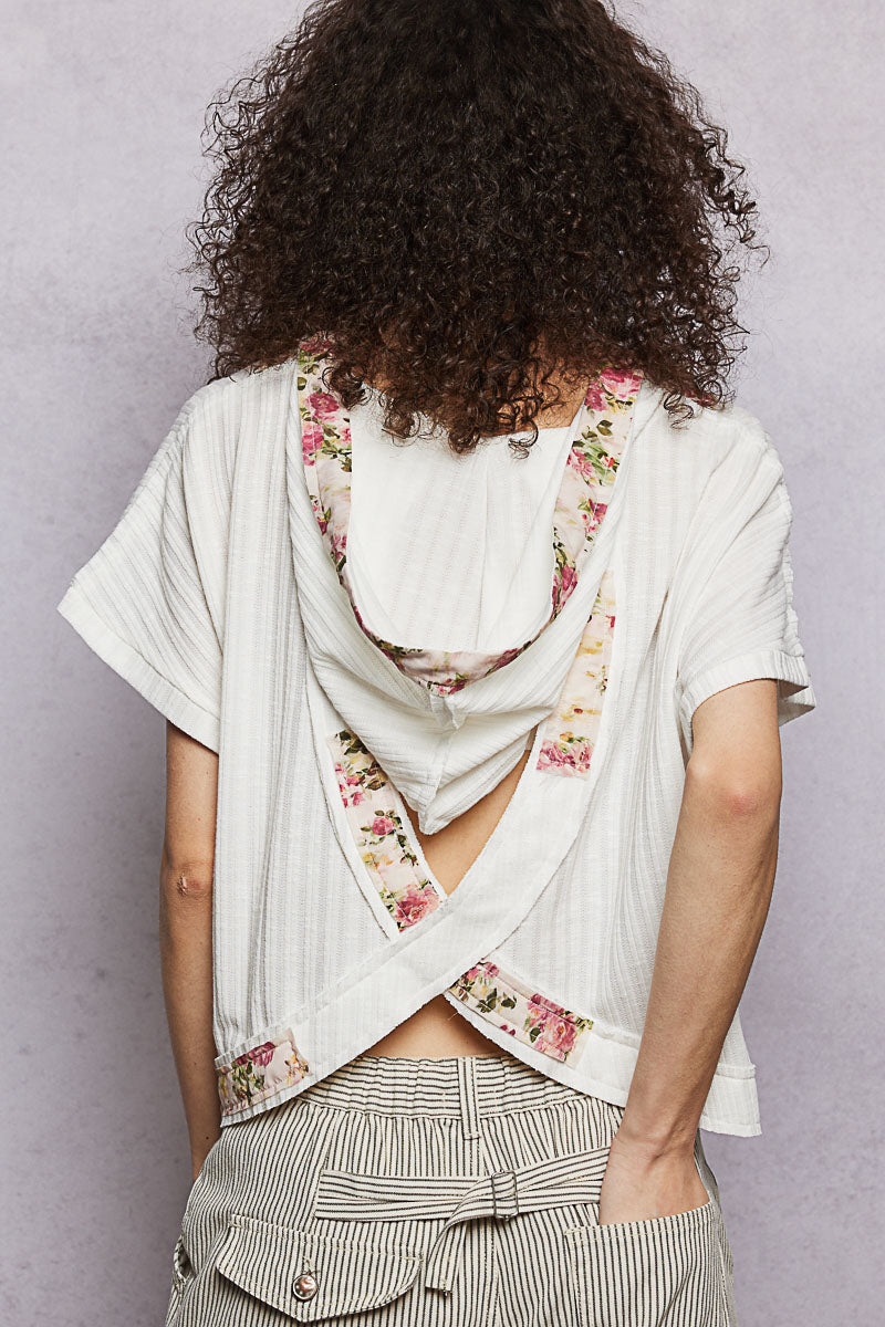 POL Off White Short Sleeve Hooded Top with Back-Open Detail