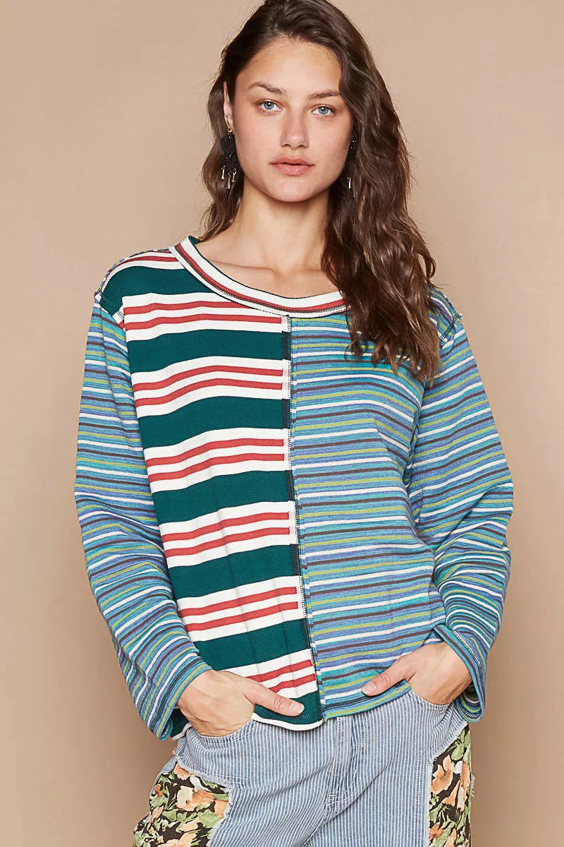 POL Green Multi Color Block Striped Round Neck Long Sleeve T-Shirt GREEN MULTI