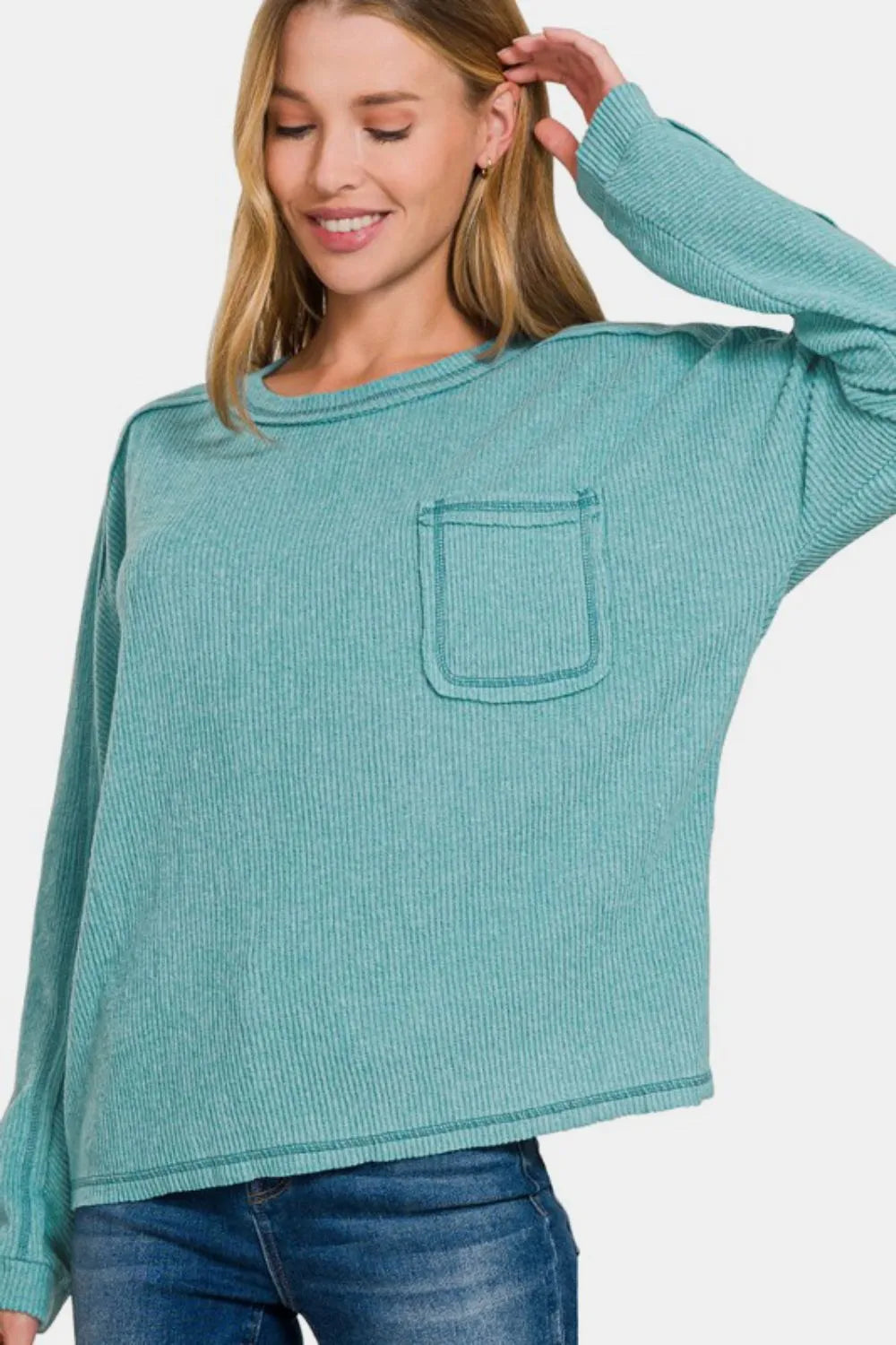 Zenana Teal Contrast Stitching Brushed Ribbed Hacci Knit Top Teal