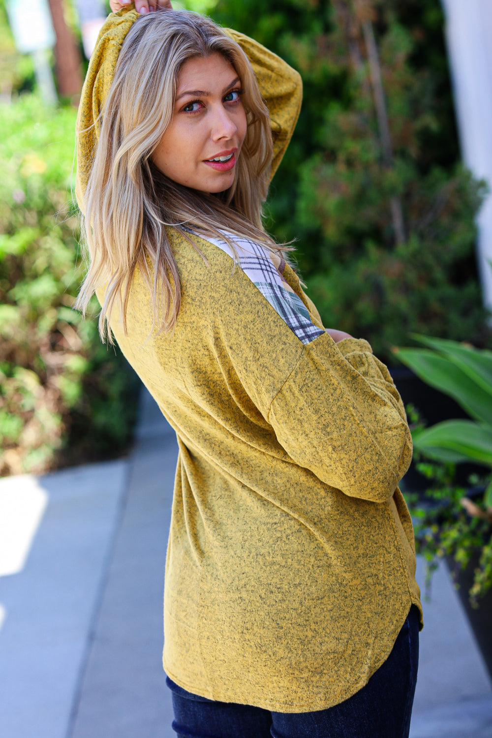Haptics Butterscotch & Olive Multicolor Cutout Hoodie Shirts & Tops