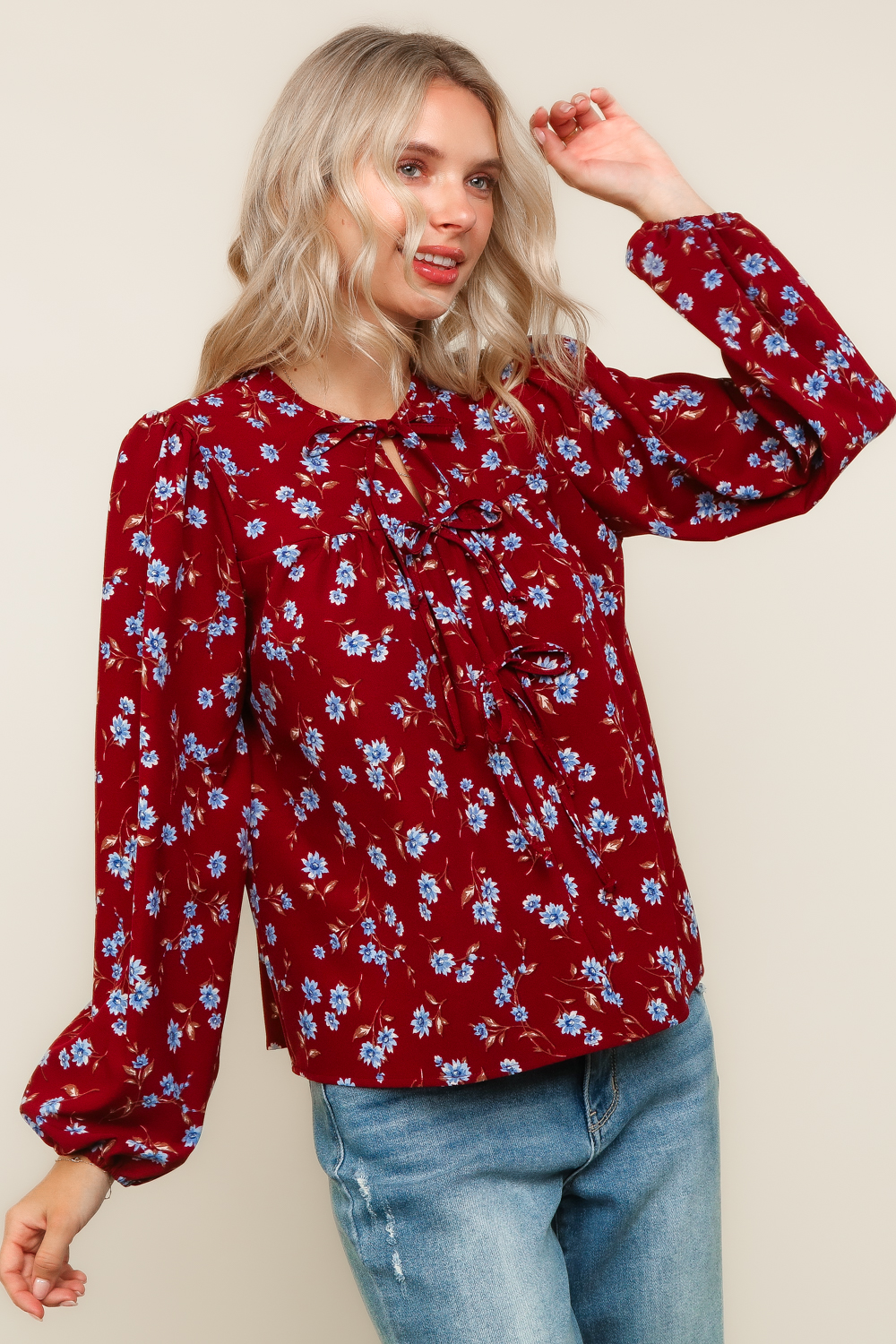 Haptics Burgundy Ribbon Detail Yoke Bubble Long Sleeve Floral Print Woven Blouse
