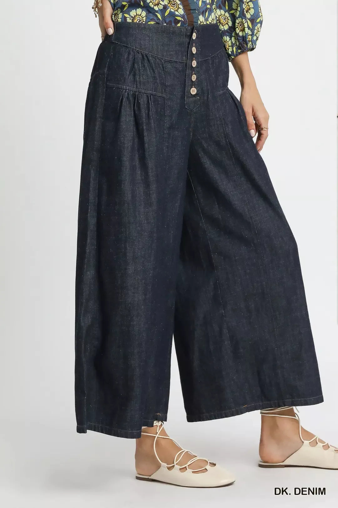 Umgee Dark Denim Stone Washed Wide-Leg Button-Front Culottes