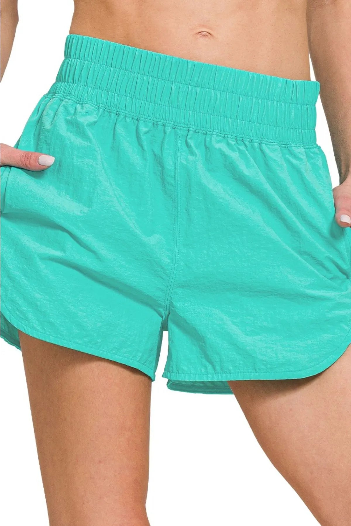 Zenana Turquoise Windbreaker Smocked Waistband Running Shorts