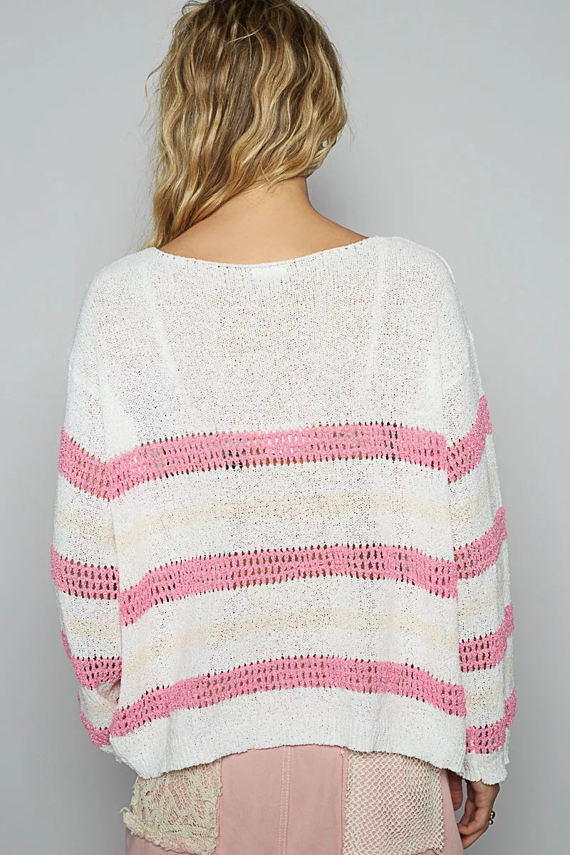 POL Ivory & Pink Striped Openwork Round Neck Knit Top