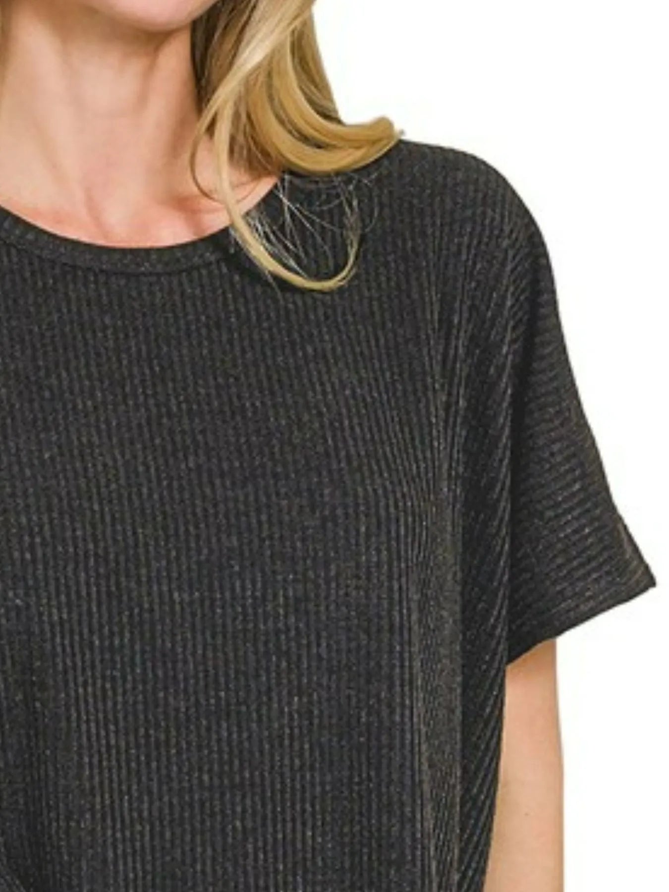 Zenana Black Ribbed Round-Neck Short-Sleeve Knit Sweater