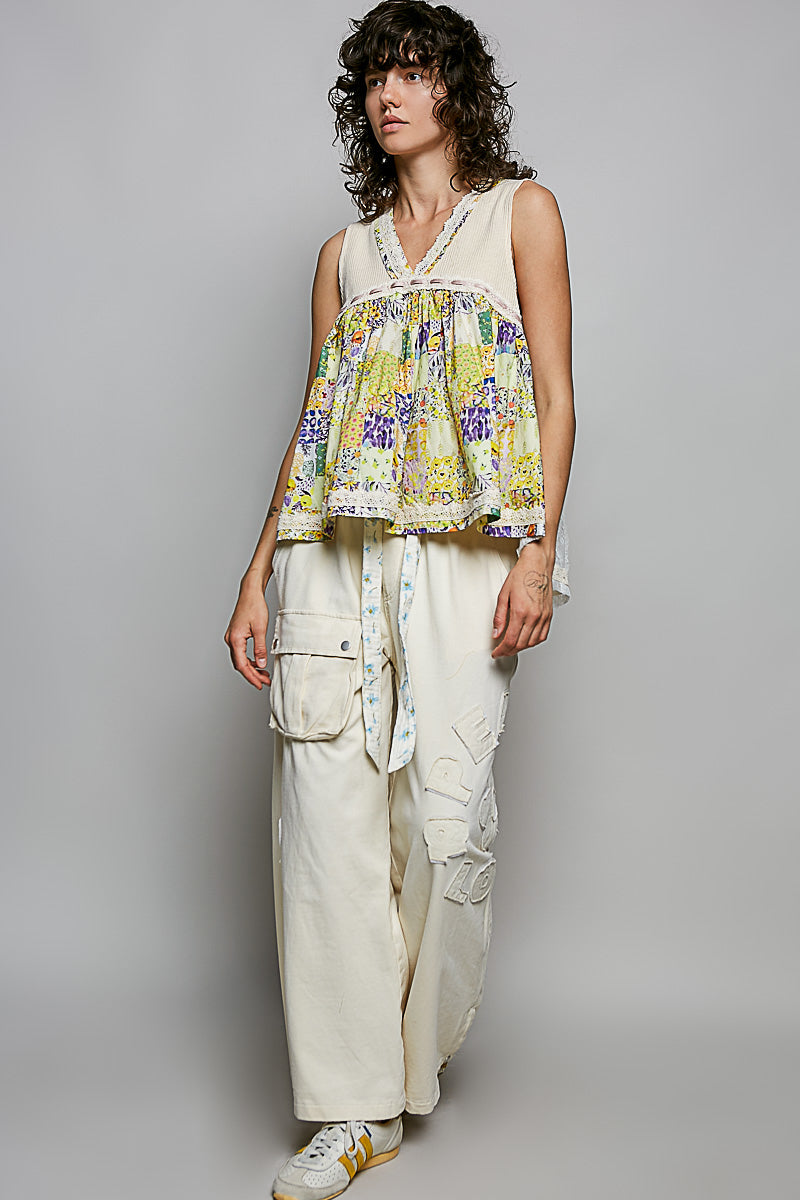 POL Vanilla Cream Floral V-Neck Sheer Tank with Lace Trim