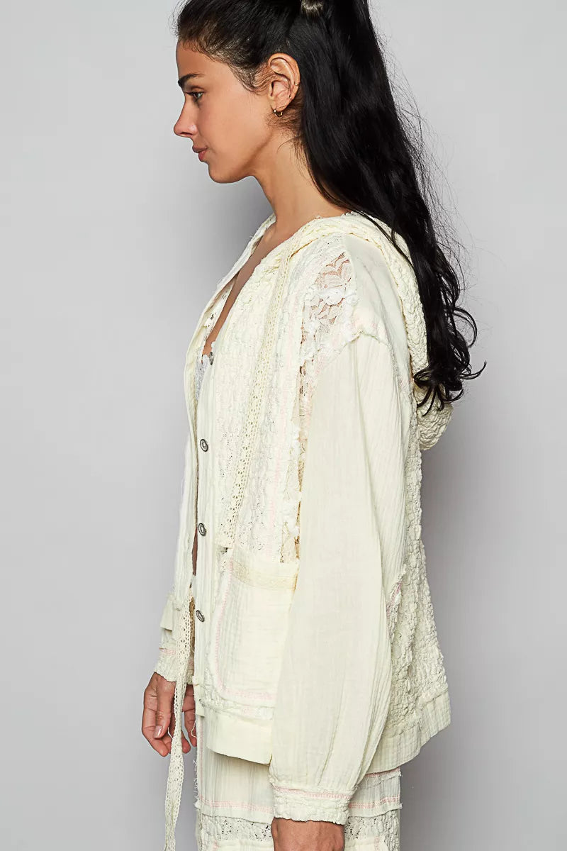 POL Natural Exposed Seam Button Down Hooded Jacket with Lace Detail