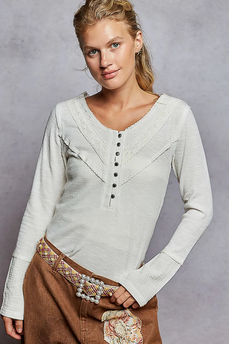 POL Ivory Double Gauze Ribbed Half Button Lace Detail Knit Top
