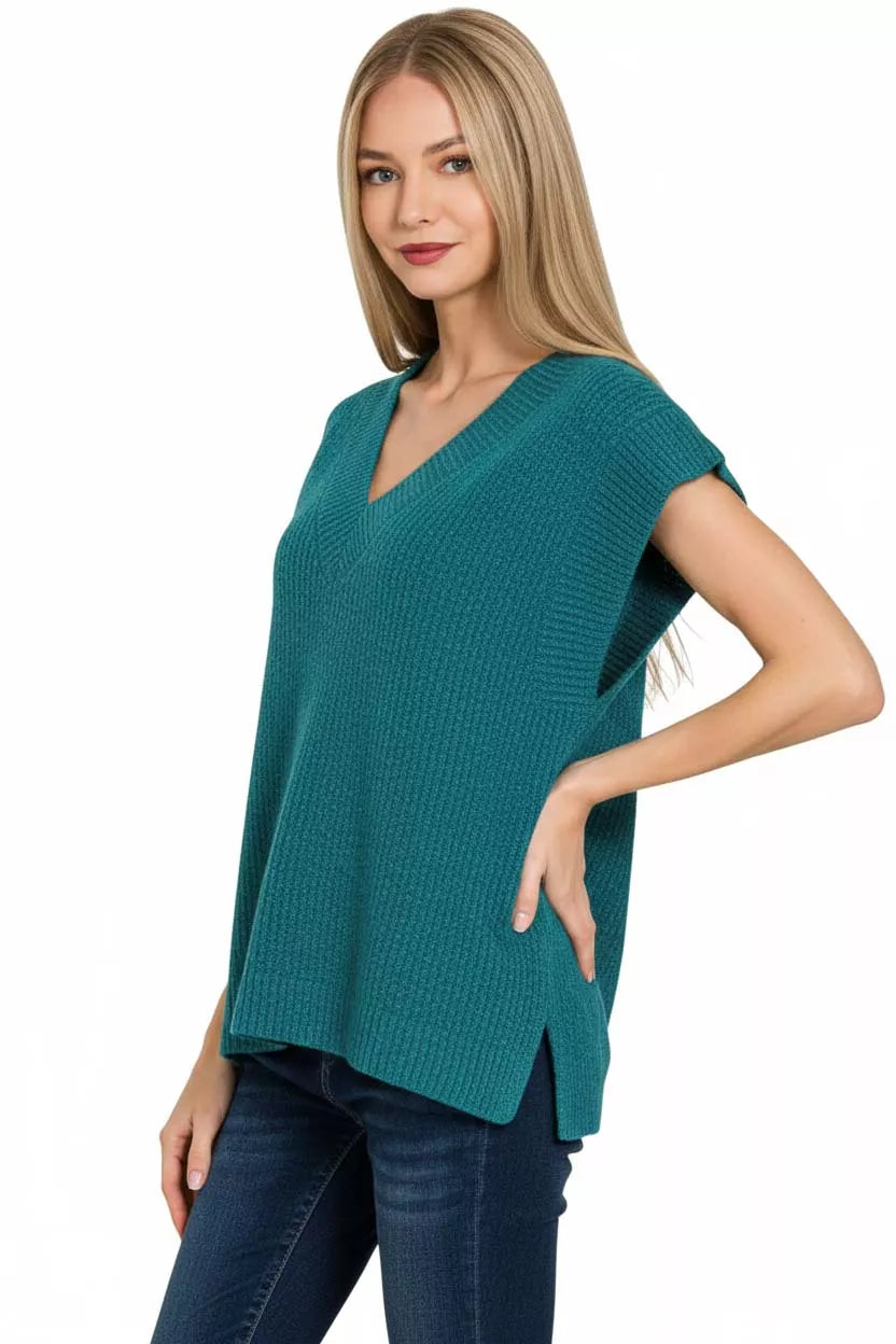 Zenana Teal Ribbed Slit V-Neck Sweater Vest