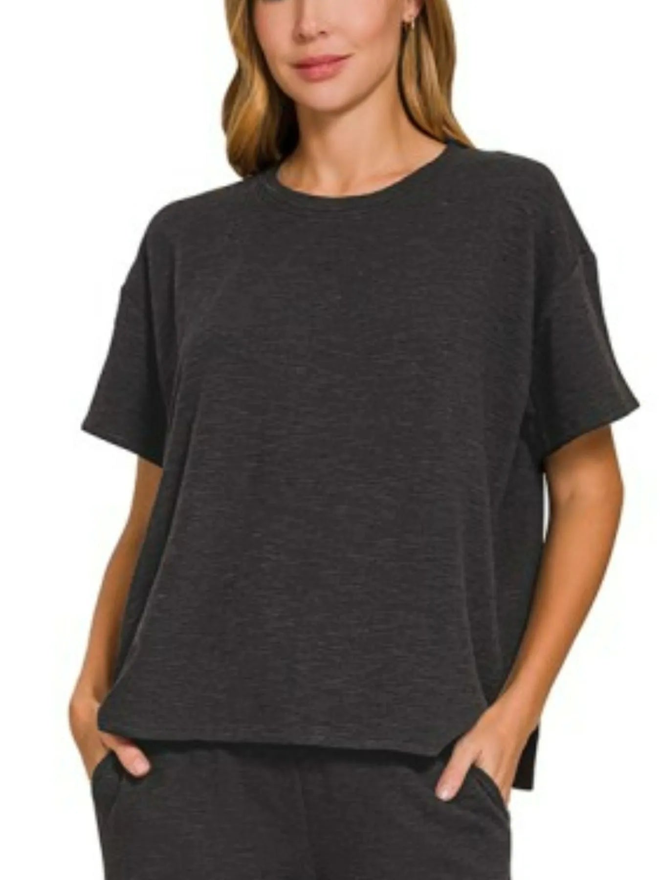 Zenana Black Slub Short Sleeve T-Shirt and Pants Set