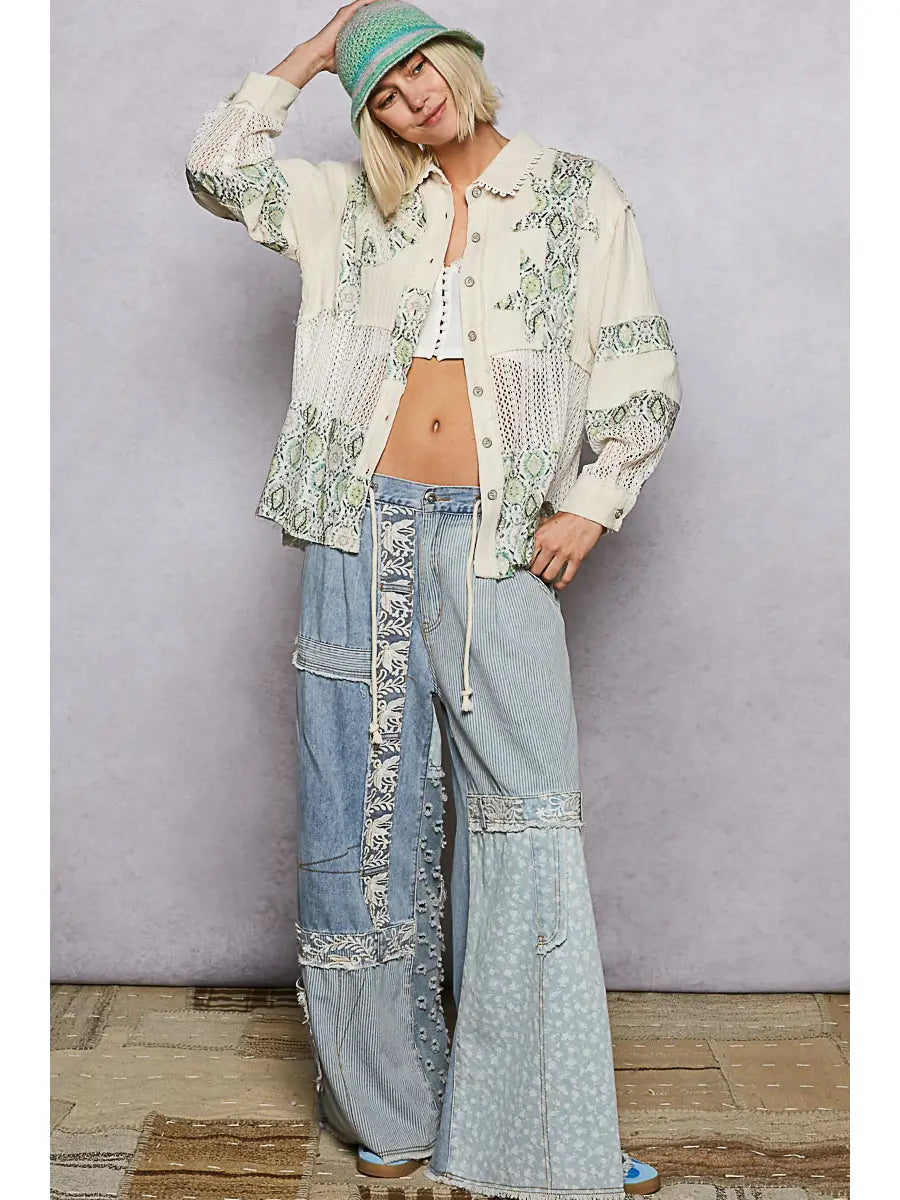 POL Long Sleeve Double Gauze Peace Woven Shirt Top