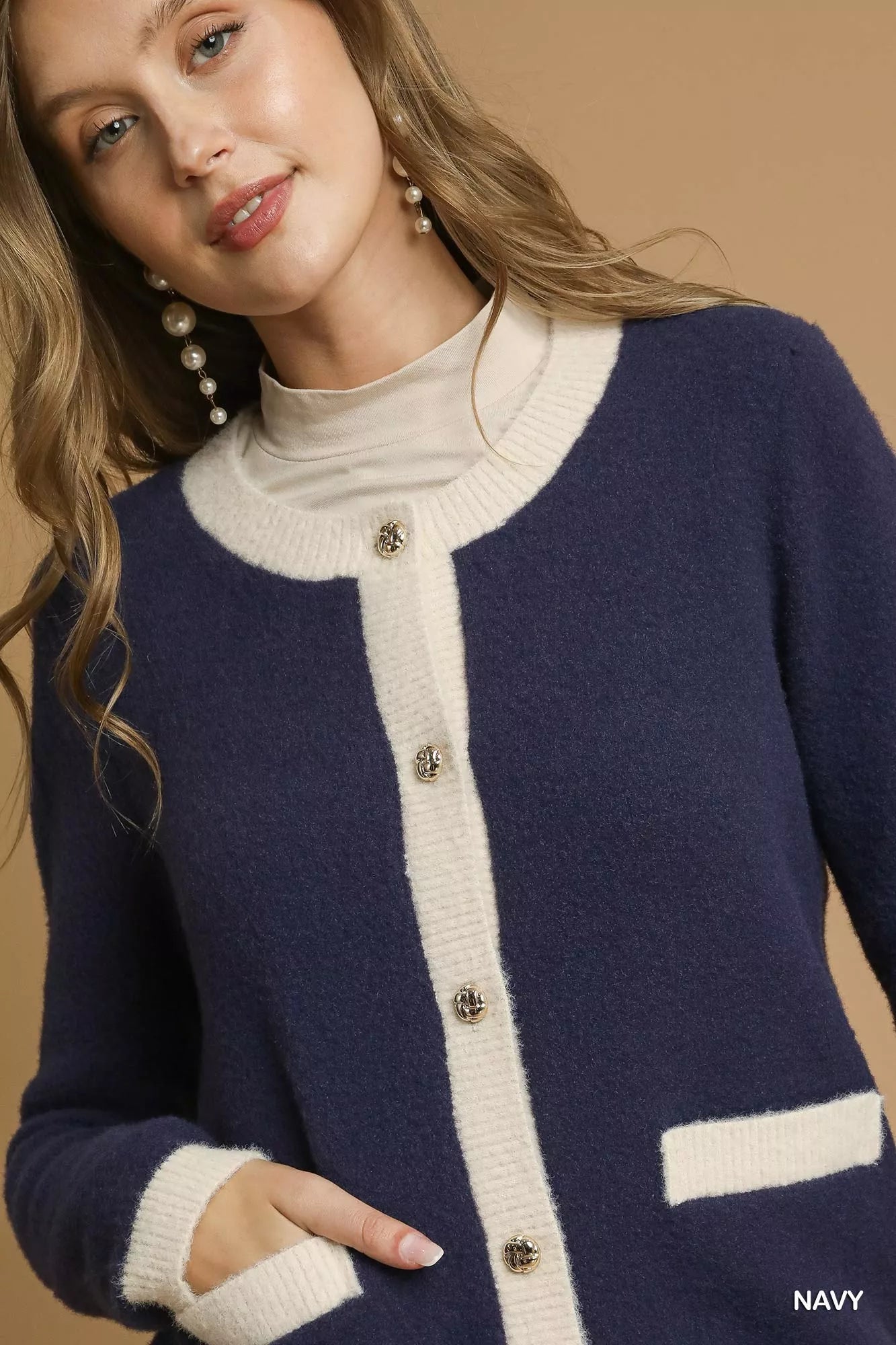 Umgee Navy Two-Tone Button Front Cardigan