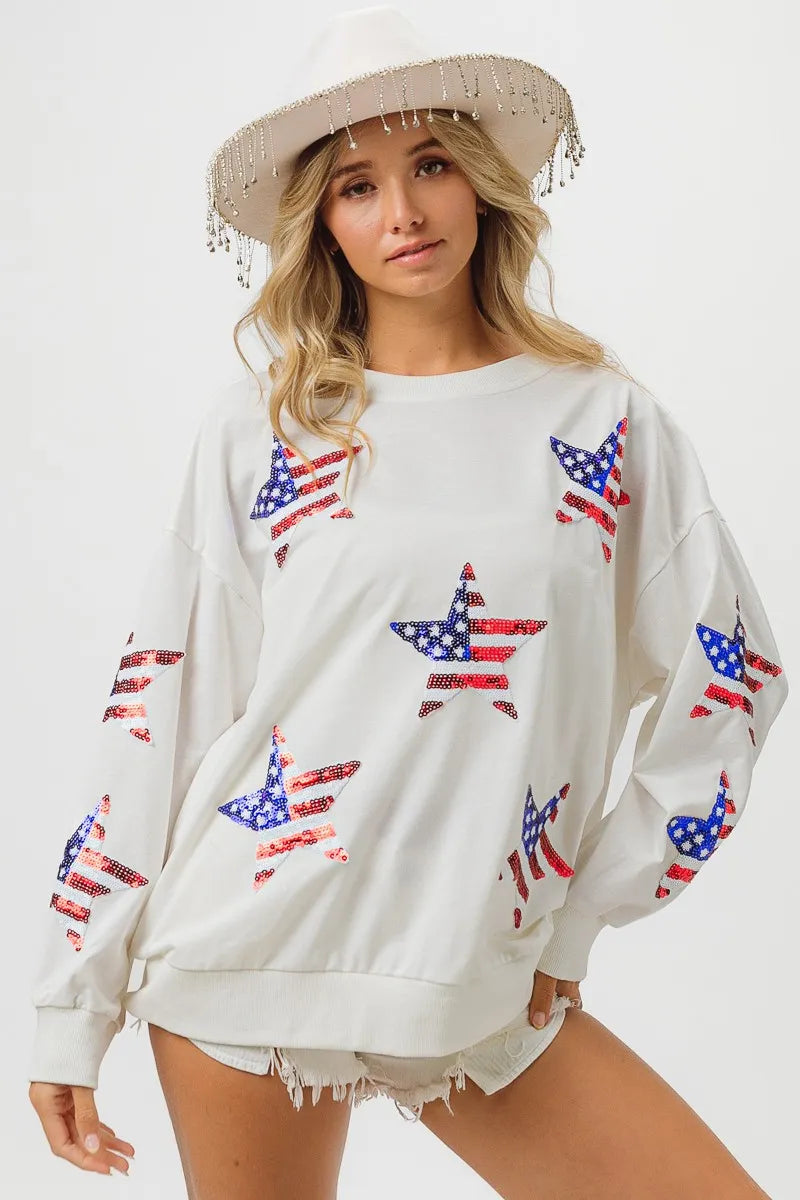 BiBi American Flag Sequin Star Sweatshirt OFF WHITE