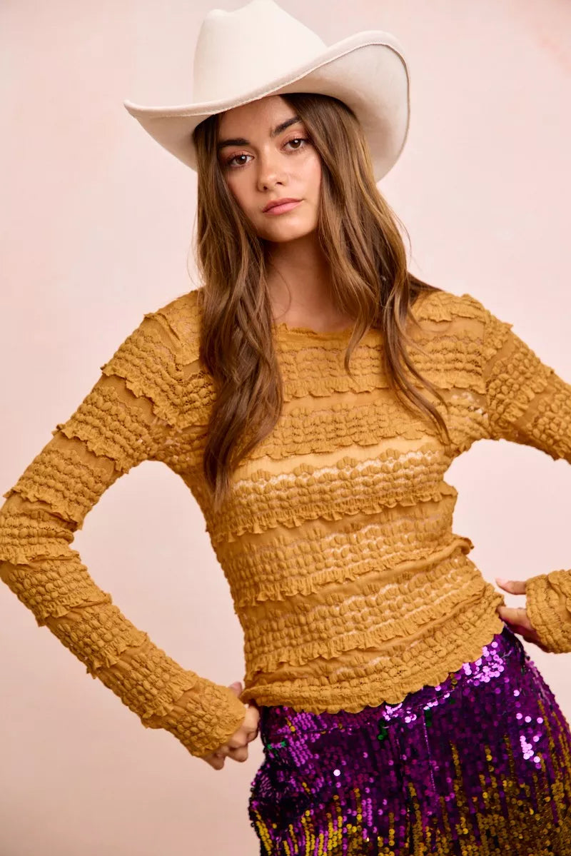 BiBi Mustard Ruffles Detail Mardi Gras Color Flower Lace Top