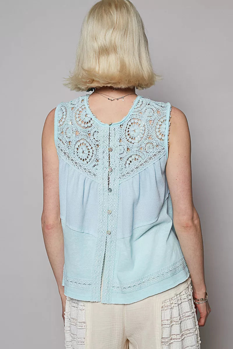 POL Round Neck Sleeveless Top with Crochet Contrast