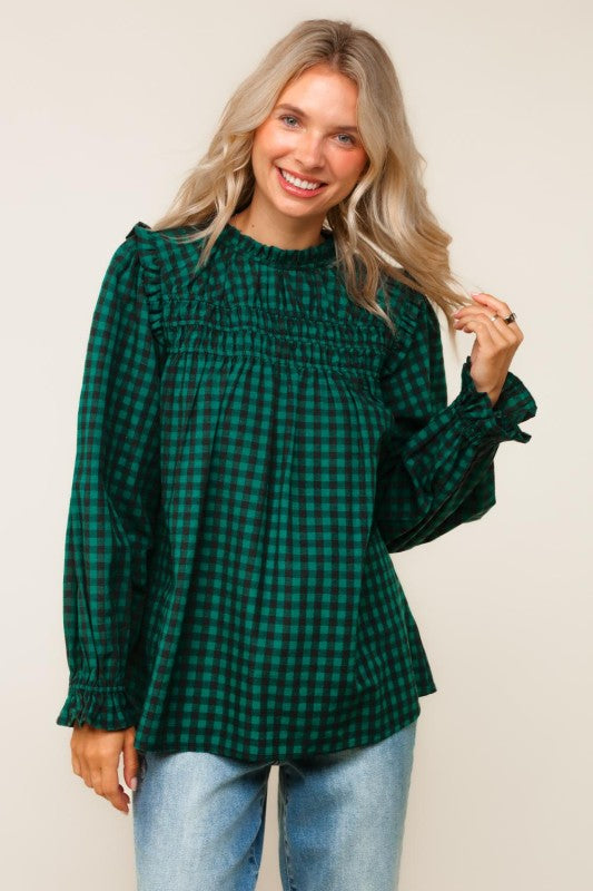 Haptics Green Frilled Mock Neck Gingham Check Woven Blouse