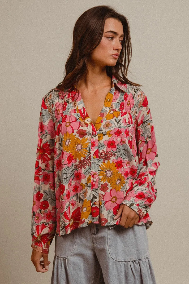 BiBi Woven Floral Printed Long Sleeve Blouse