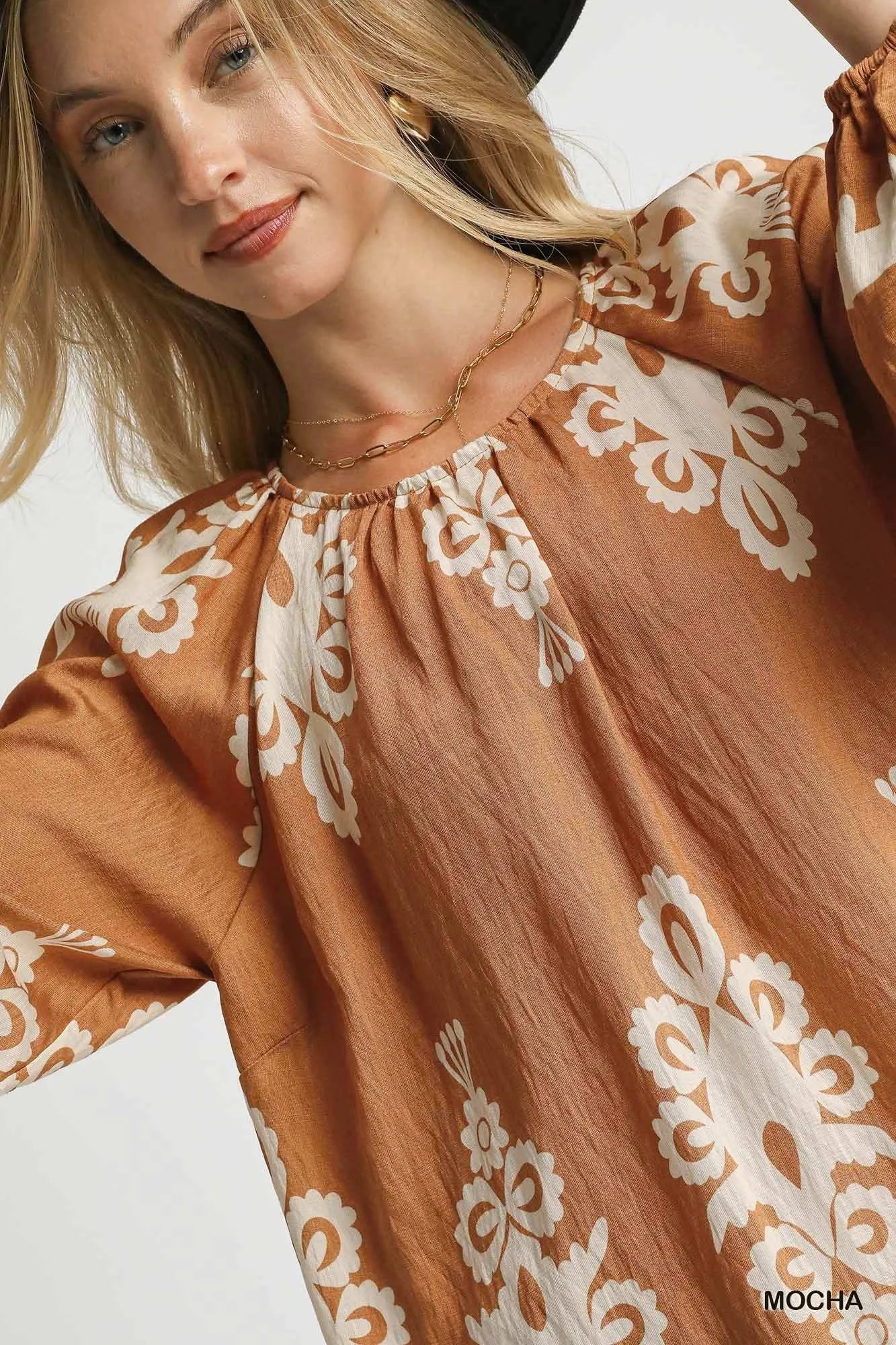 Umgee Mocha Two Tone Boho Border Print Top with Balloon Sleeves