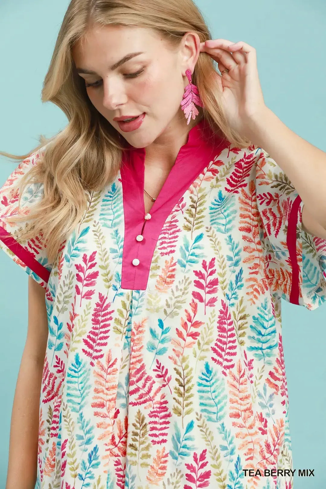 Umgee Tea Berry mix Leaf Print Flutter Sleeve Tiered Mini Dress