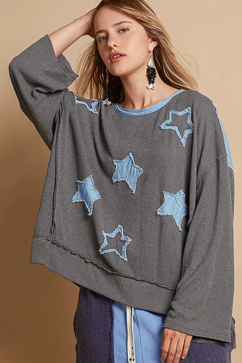 POL Charcoal Exposed Seam Relaxed Fit Sweater with Star Denim Patches