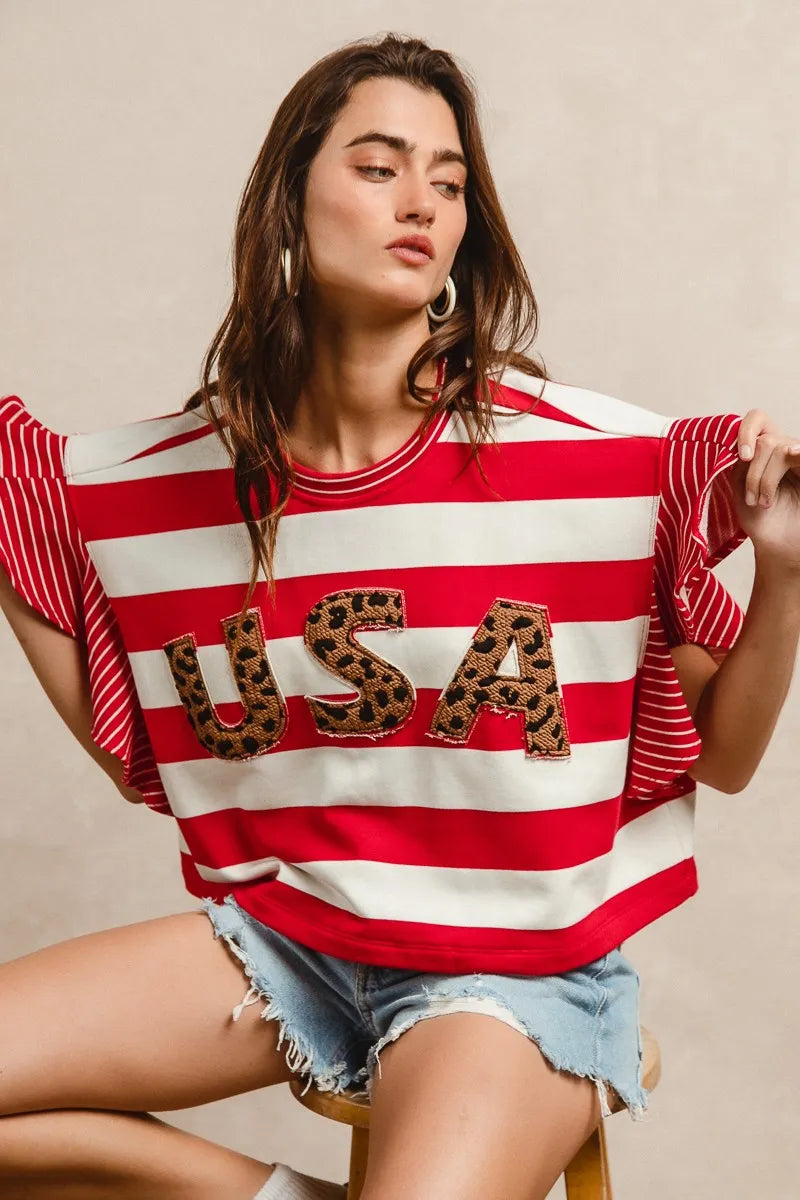 BiBi Red Stripe Mixed Ruffle Sleeve Top With Leopard Letters- USA