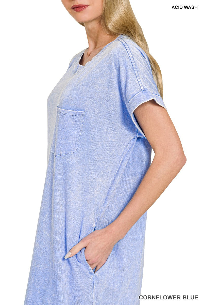 Zenana Cornflower Blue Acid Washed Exposed Seam Short Sleeve T-Shirt Dress