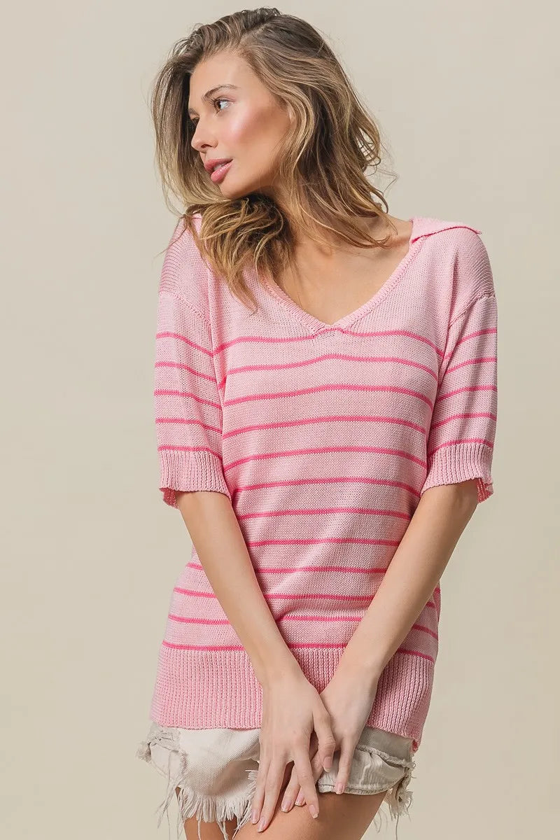 BiBi Light Pink/Dark Pink Stripe Short Sleeves Collared V Neck Top LT PINK HOT PINK