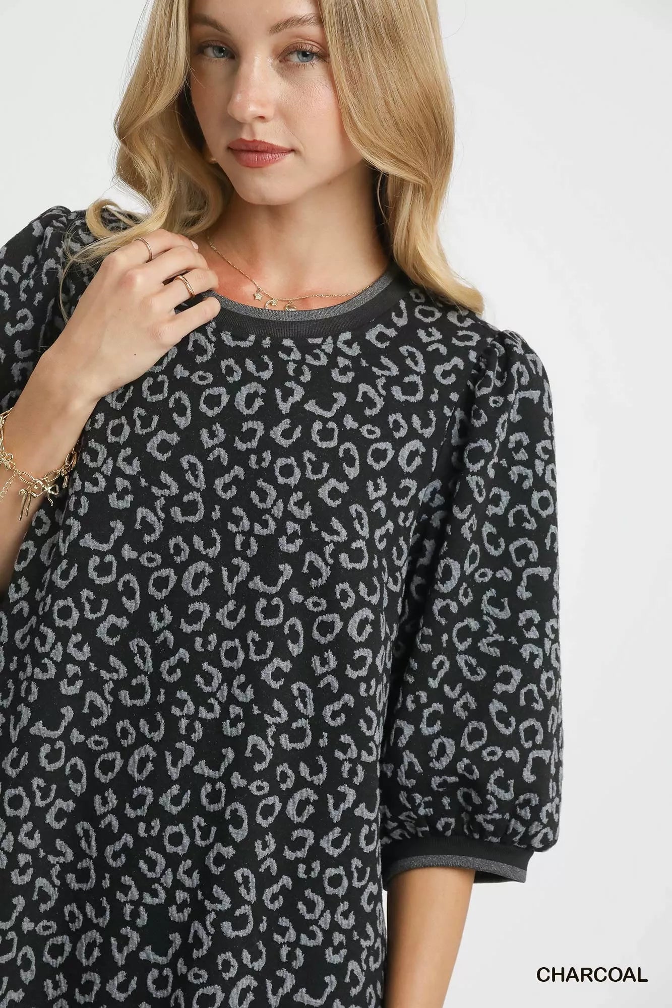 Umgee Charcoal Leopard Print Jacquard Mini Dress