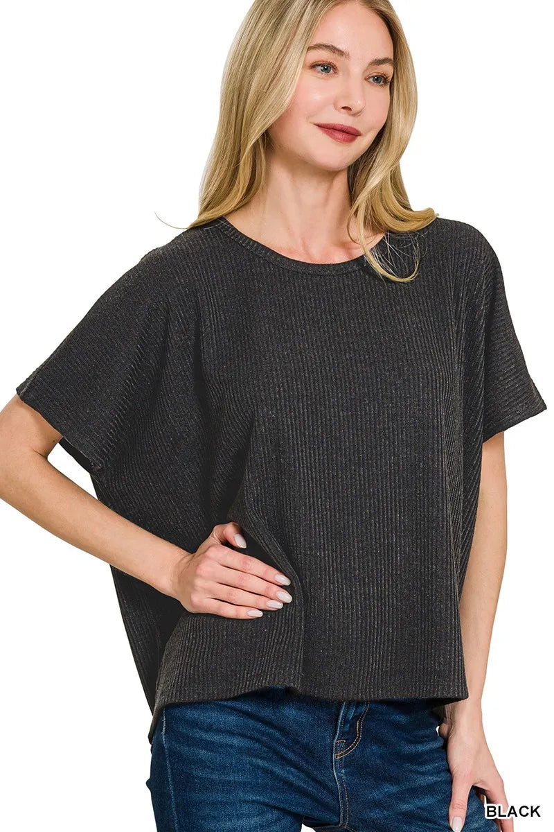 Zenana Black Ribbed Round-Neck Short-Sleeve Knit Sweater BLACK