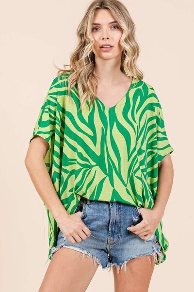 Mittoshop Green Zebra Print V-Neck Short Sleeve Oversized Top Green