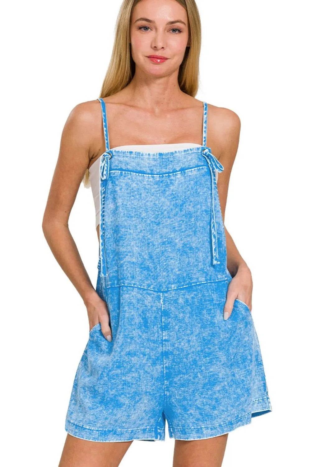 Zenana Deep Sky Washed Linen Knot Strap Romper DEEP SKY