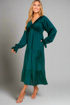 Haptics Elegant Hunter Green Elastic V Neck Tiered Satin Maxi Dress
