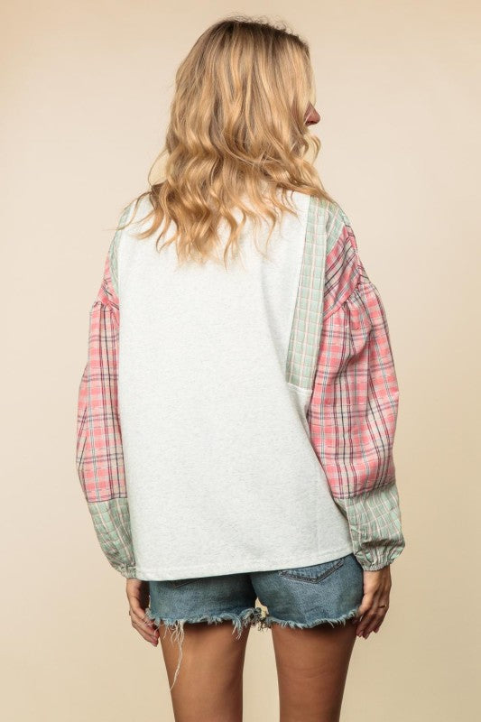 Haptics Solid Pullover Knit Top with Plaid Sleeves – Light Grey/Sage/Pink
