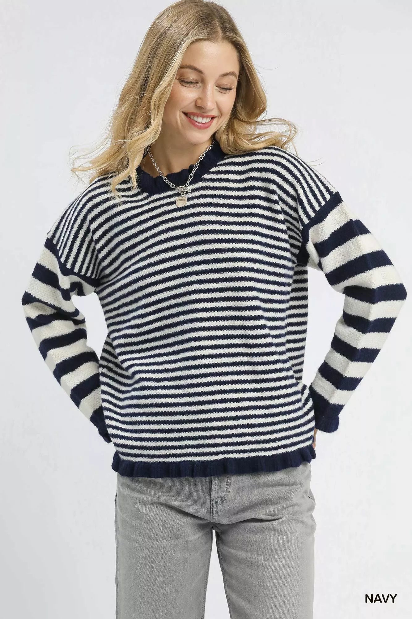 Umgee Ruffle Neck Navy Stripe Sweater Navy