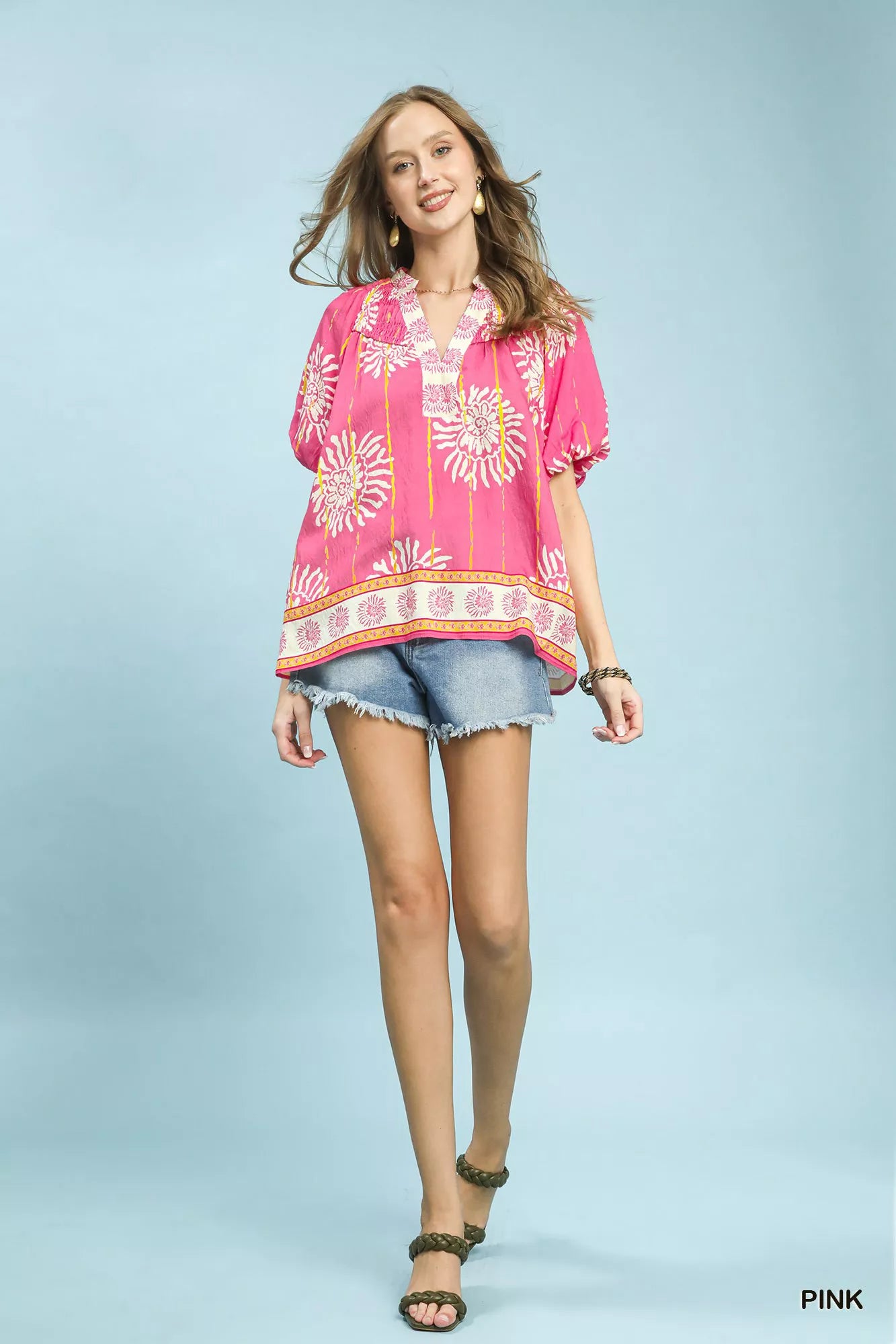Umgee Pink Floral Border Smocked V-Neck Boho Blouse