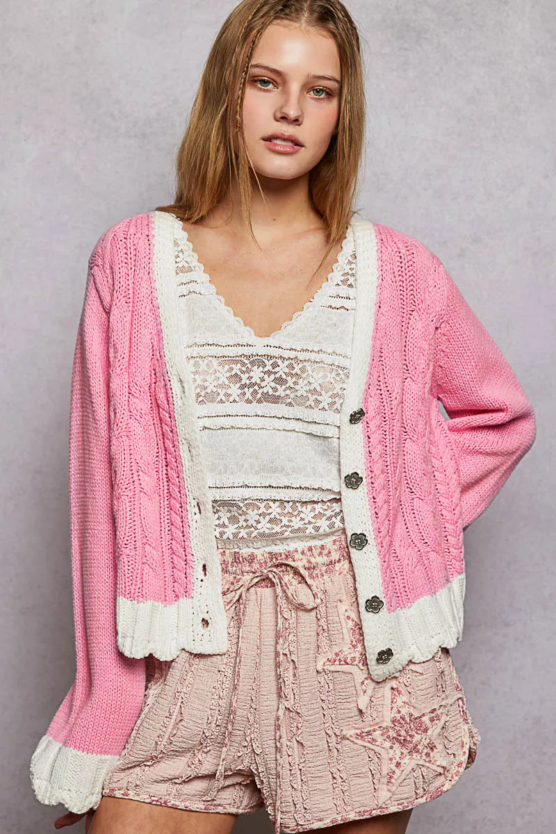 POL Baby Pink Button Down Cable-Knit Cardigan with Contrast Border Accents BARBIE PINK