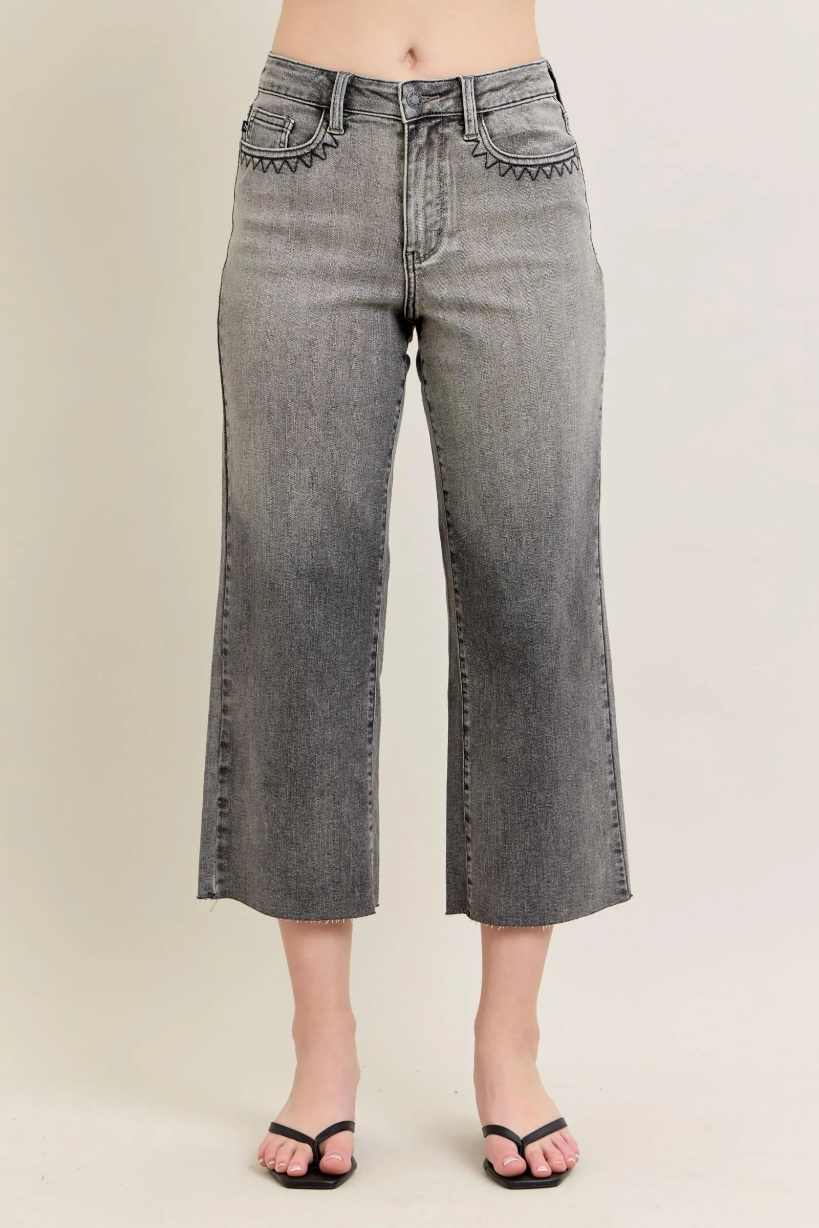 Judy Blue Grey Washed High Waist Front Pocket Embroidered Wide Cropped Leg Denim Jeans Gray