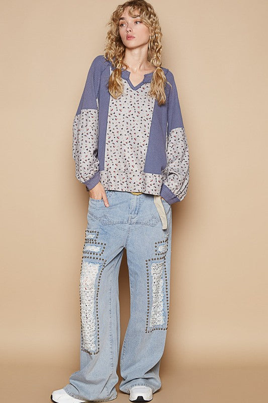 POL Waffle Knit Floral Notched Long Sleeve Top in Dusty Blue Shirts & Tops