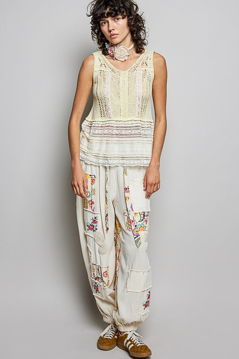 POL Lemon V-Neck Crochet Sweater Vest with Lace Trim