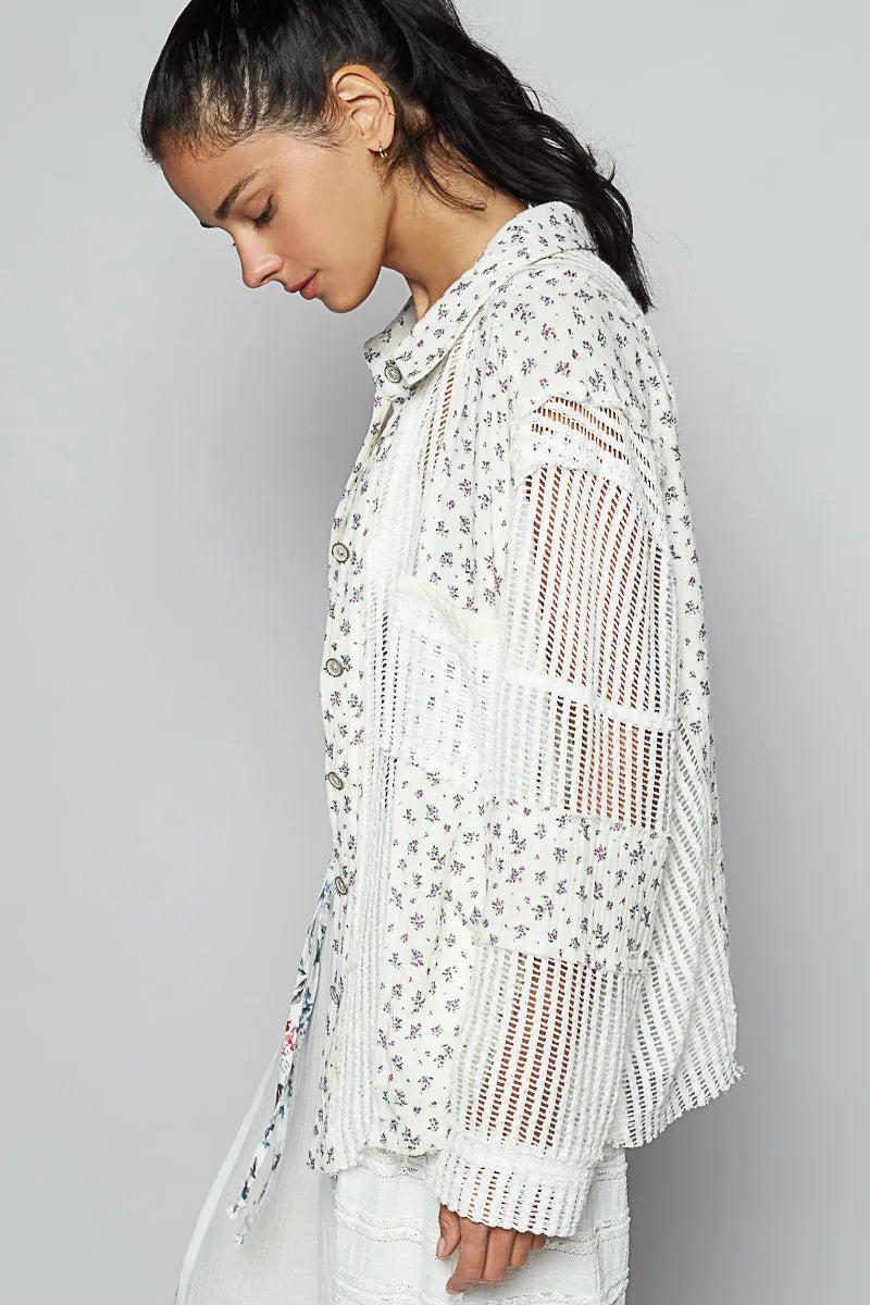 POL White Floral Crochet Patchwork Long Sleeve Shirt