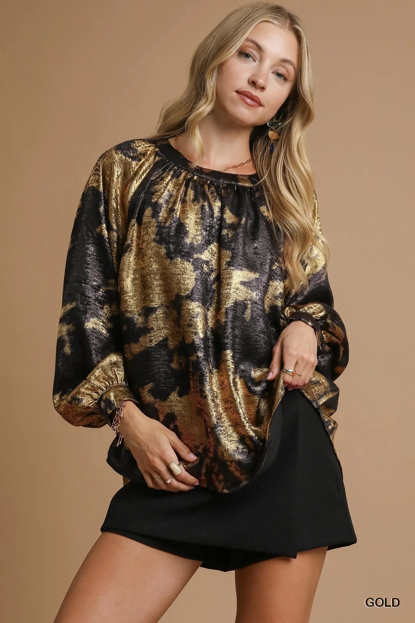 Umgee Gold Metallic Fabric Blouse with Balloon Sleeves GOLD