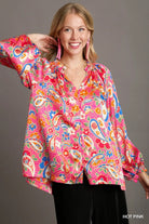 Umgee Hot Pink Satin Paisley FloralRuffle Neck Button-Up Blouse Hot Pink