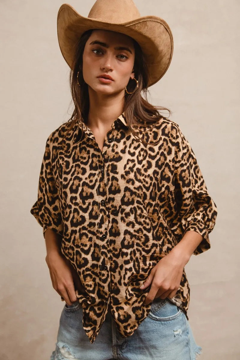 BiBi Leopard Print Button Up Oversized Short Sleeve Top