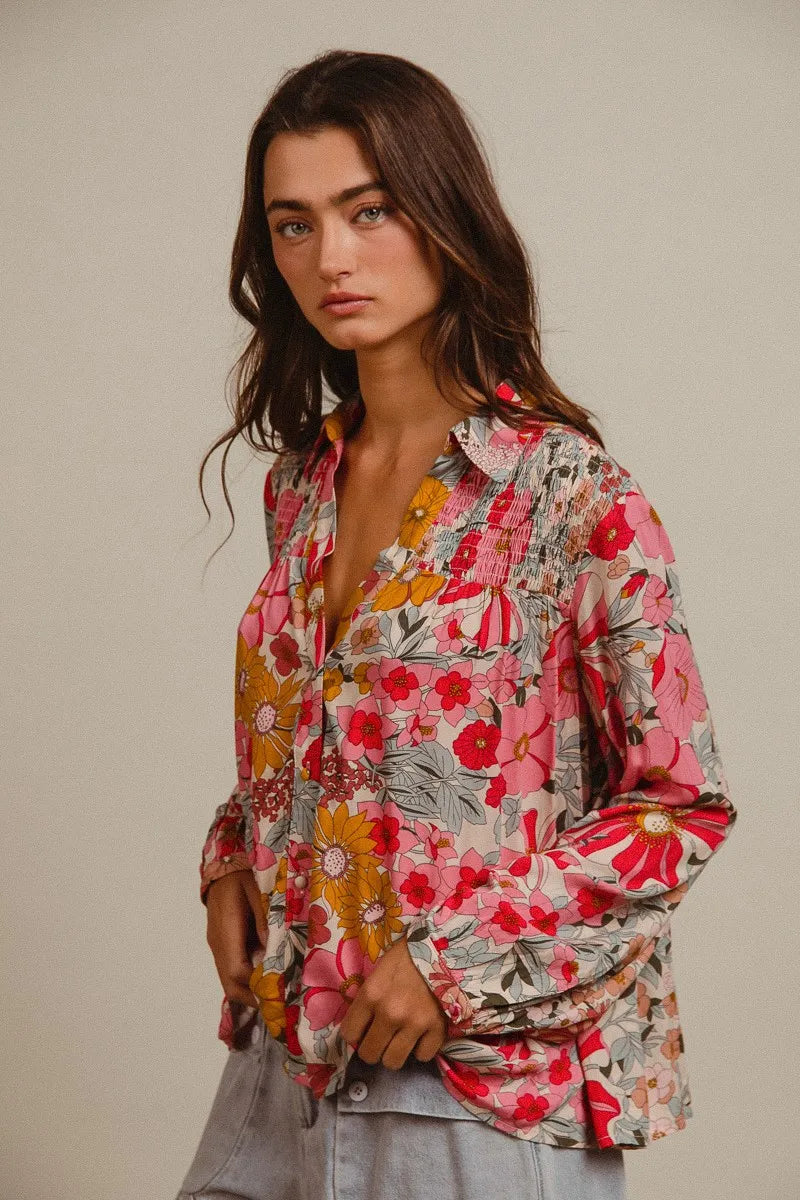 BiBi Woven Floral Printed Long Sleeve Blouse