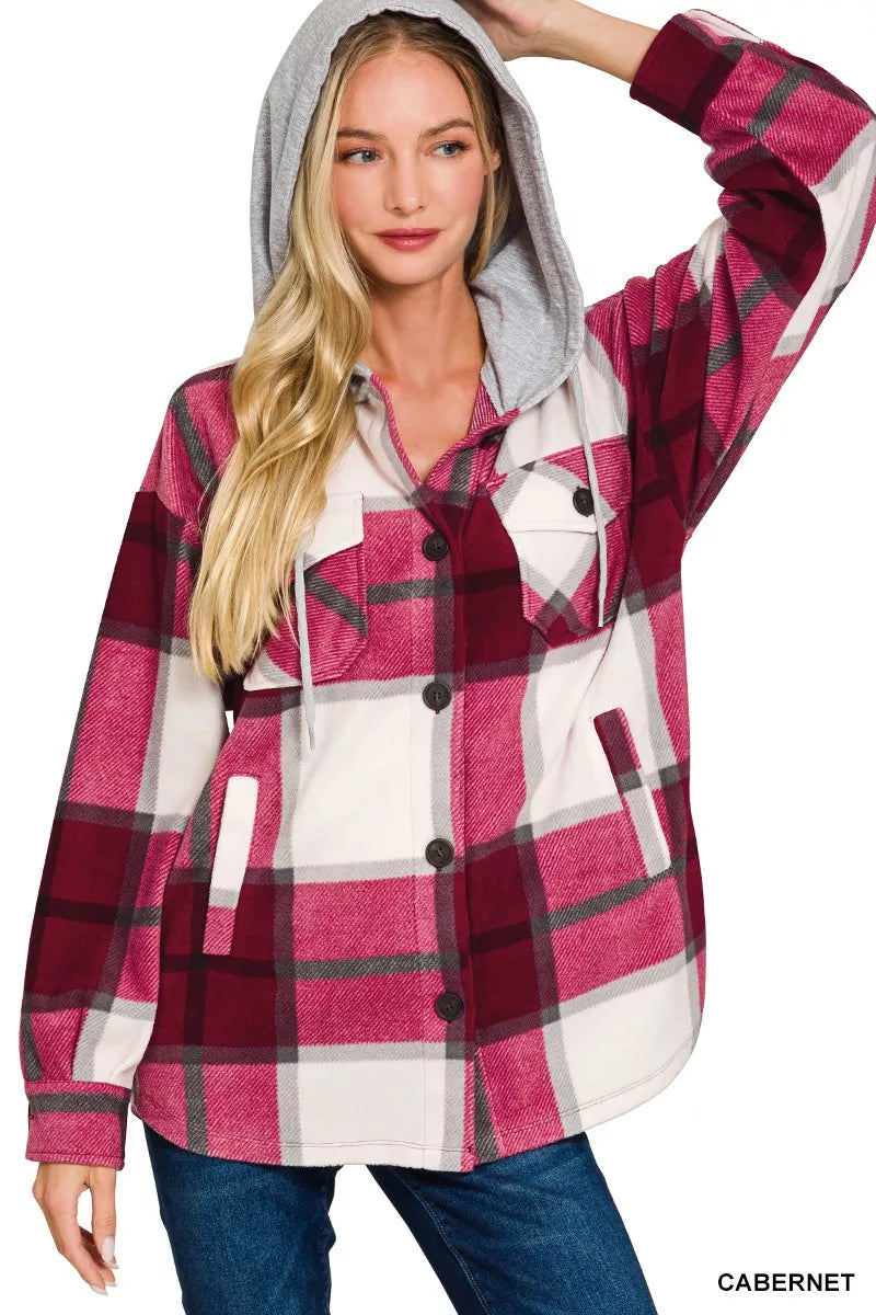 Zenana Cabernet Plaid Drawstring Hooded Fleece Shacket
