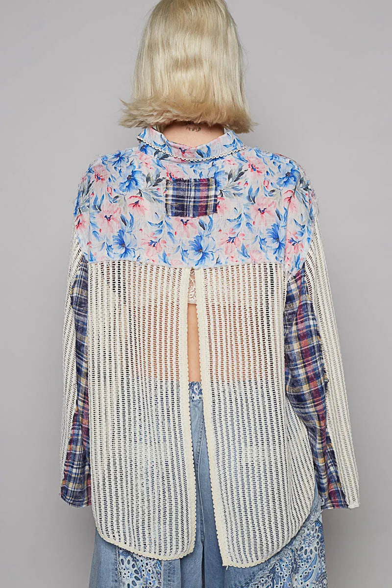POL Long Sleeve Crochet Floral Print Slit Back Plaid Patchwork Shirt